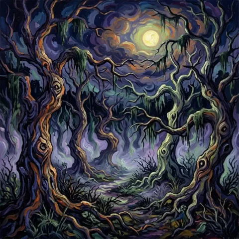 Crooked trees in haunted forest