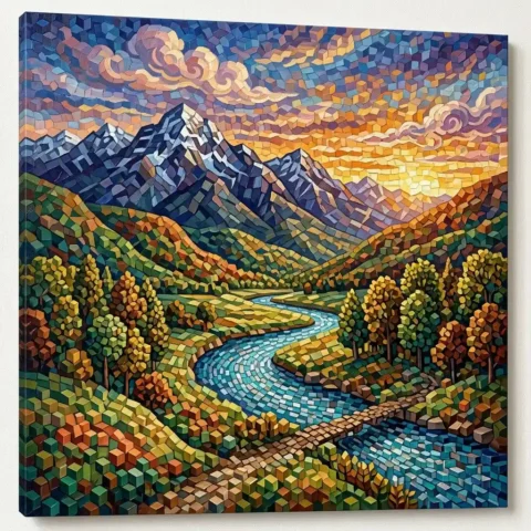 Cubism landscape with tiny cubes