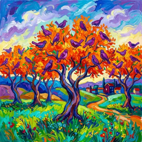 Fauvism orange trees purple birds