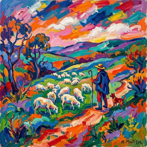 Fauvist art landscape sheep shep…