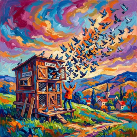 Pigeons released from coop