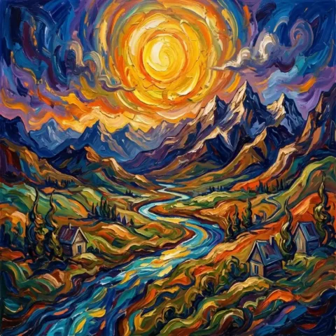 Sun shining over mountain valley