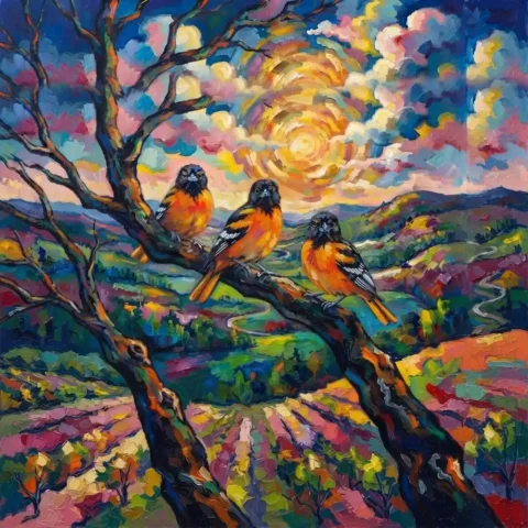 Three Orioles on tree limb