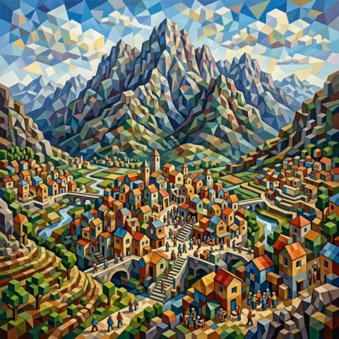 Tiny village with mountain backdrop