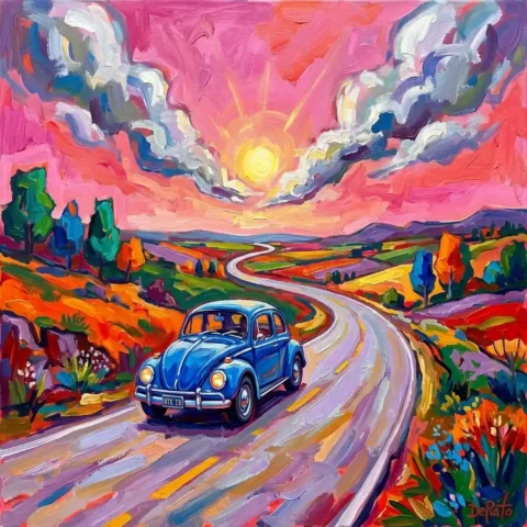 Volkswagen Beetle driving sunny day