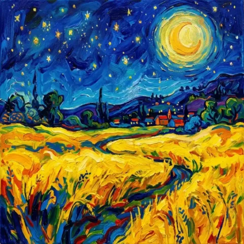 Yellow wheat field dark night